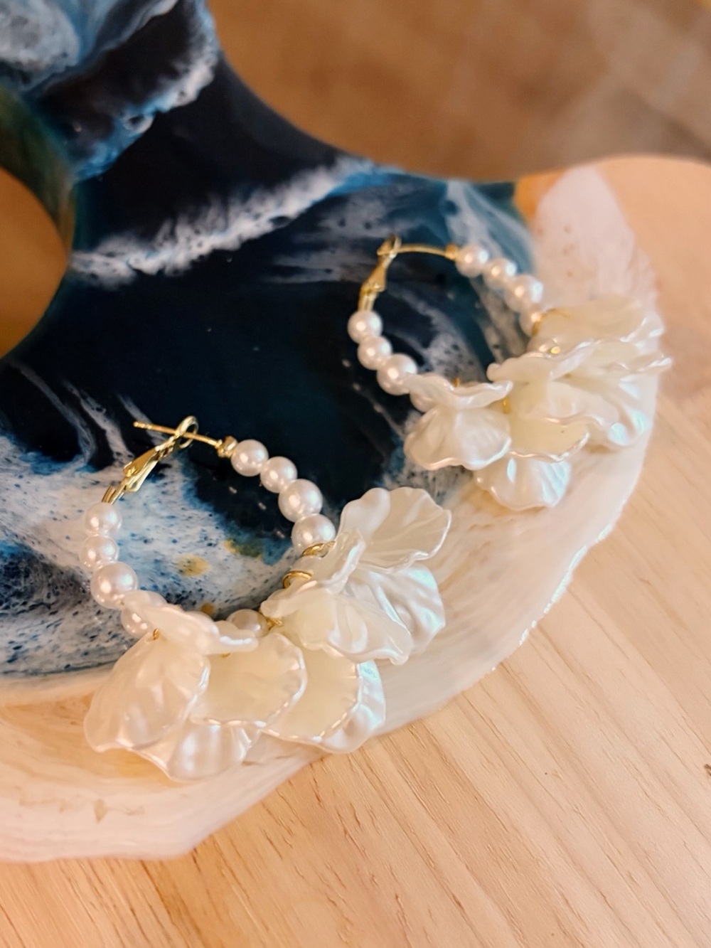 Pearl & Flower Hoop Earrings - White
